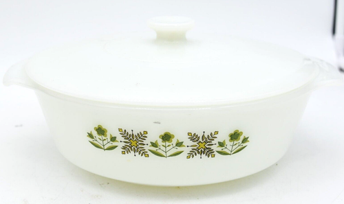 Casseruola rotonda vintage Fire King Meadow coperchio vetro verde bianco - Foto 1 di 6