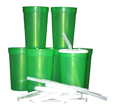 12-Large 20 Ounce Translucent Green Drinking Glasses  Cups Lids Straws Mfg USA