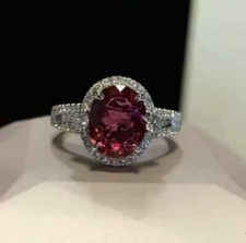 2Ct Oval Cut Natural Pink Tourmaline Halo Engagement Ring 14K White Gold Plated