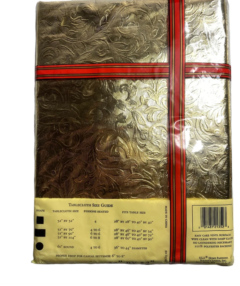 Sultans Linens Vintage Vinyl Flannel Tablecloth 52" x 52” Holiday Christmas GOLD - Image 2 of 4