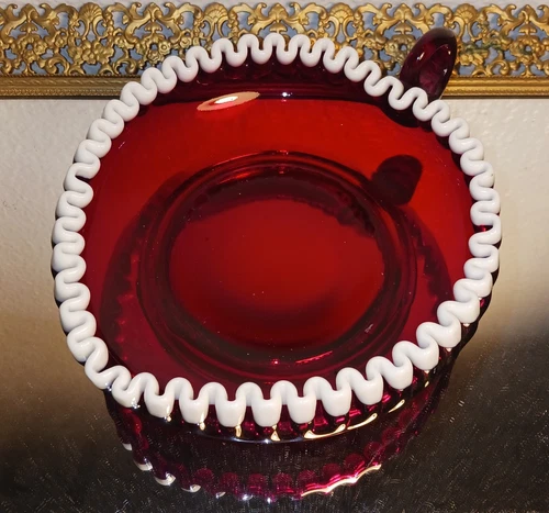 Fenton Glass Ruby Red Snow Crest Heart Shaped 8" Bon Bon Trinket Dish Valentine