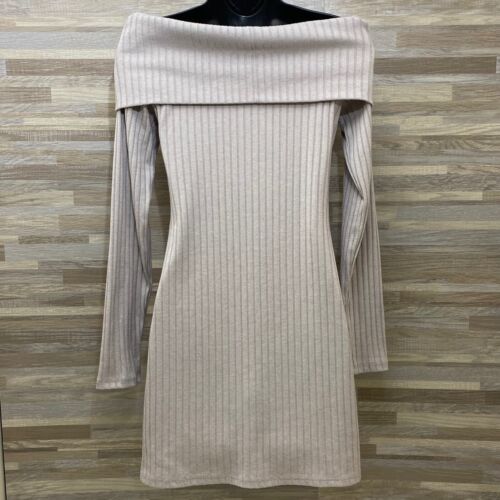 Silence + Noise Womens Beige Long Sleeve Ribbed Sweater Dress 