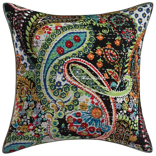 Cotton Bohemian Throw Pillow Covers Kantha Indian Paisley Set Of 2 Pillowcase - Picture 3 of 6