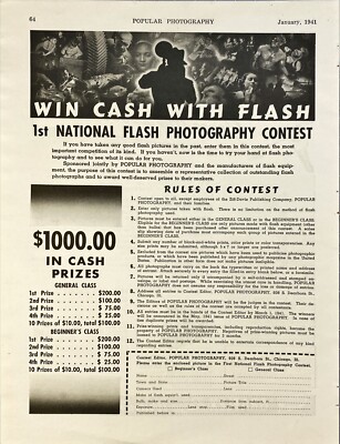 Popular Photography ''1st National Flash Photography Contest'' Vtg Print Ad 1941