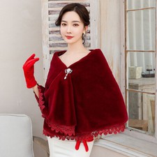 Women Girls Faux Ful Shawl Wrap Stole Lace Trim Warm Winter Wedding Bridal Party
