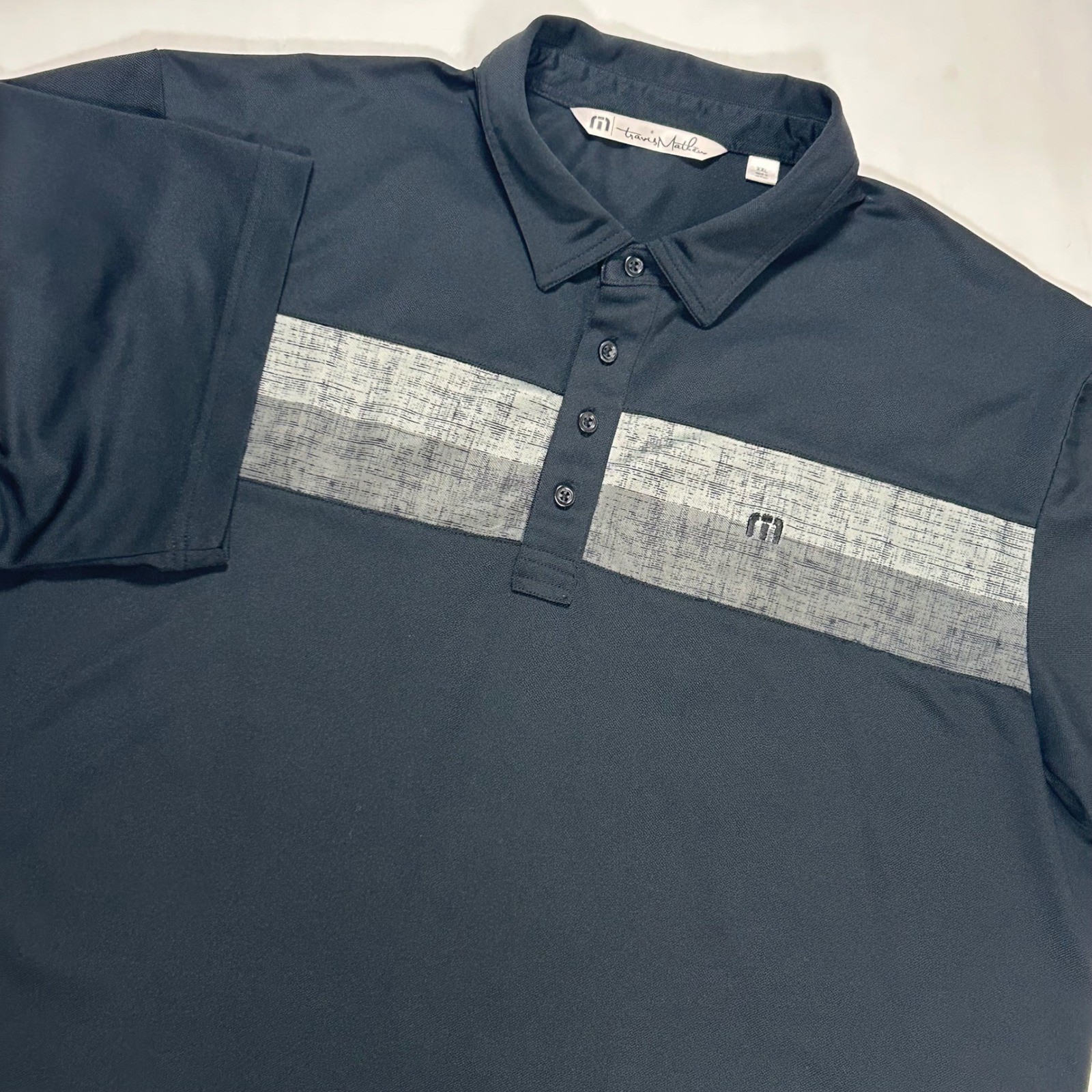 Travis Mathew Performance Golf Polo Shirt Mens XXL Black Grey Striped Chest
