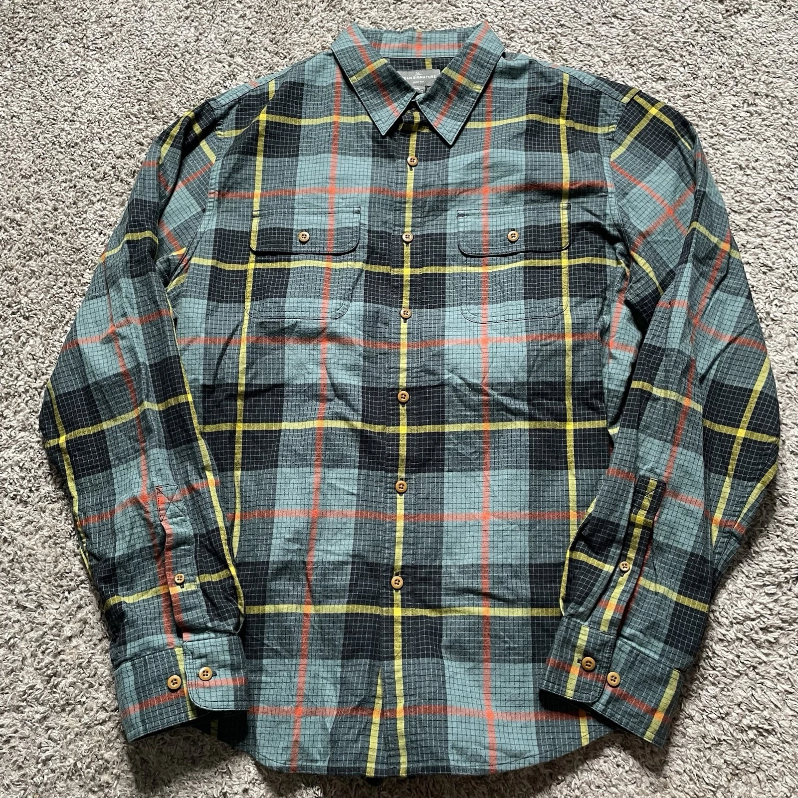 Ll Bean Signature Flannel Shirt Mens Large Green Plaid Slim Fit Button Up NWOT