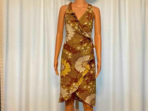 ZARA Basic Size S Linen Wrap Dress Brown Tan Yellow White adorned with Ruffle