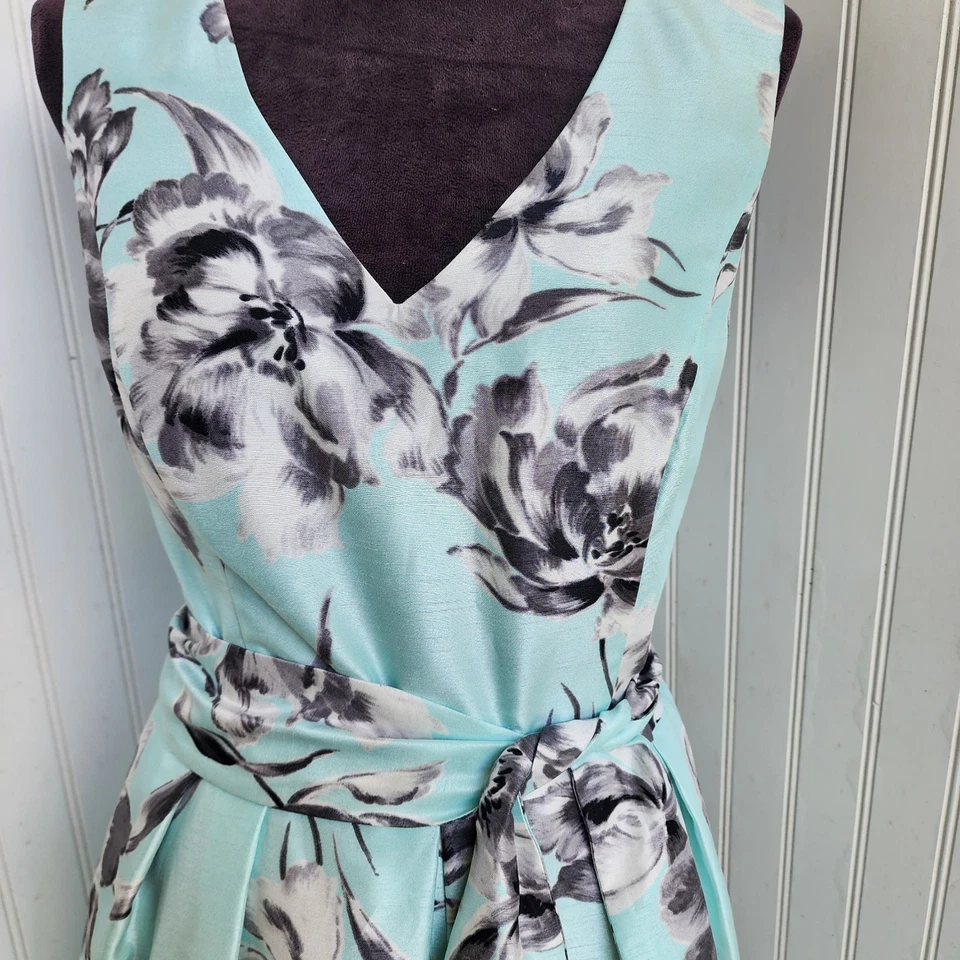 Vestido JESSICA HOWARD Formal Azul Negro Flores Corbata Cinturón Satinado Sin Mangas Talla 12 Foto 3 de 4