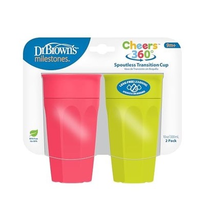 Dr. Brown's Cheers 360 Spoutless Transition Cup 10oz Sippy Leak-Free Green Pink