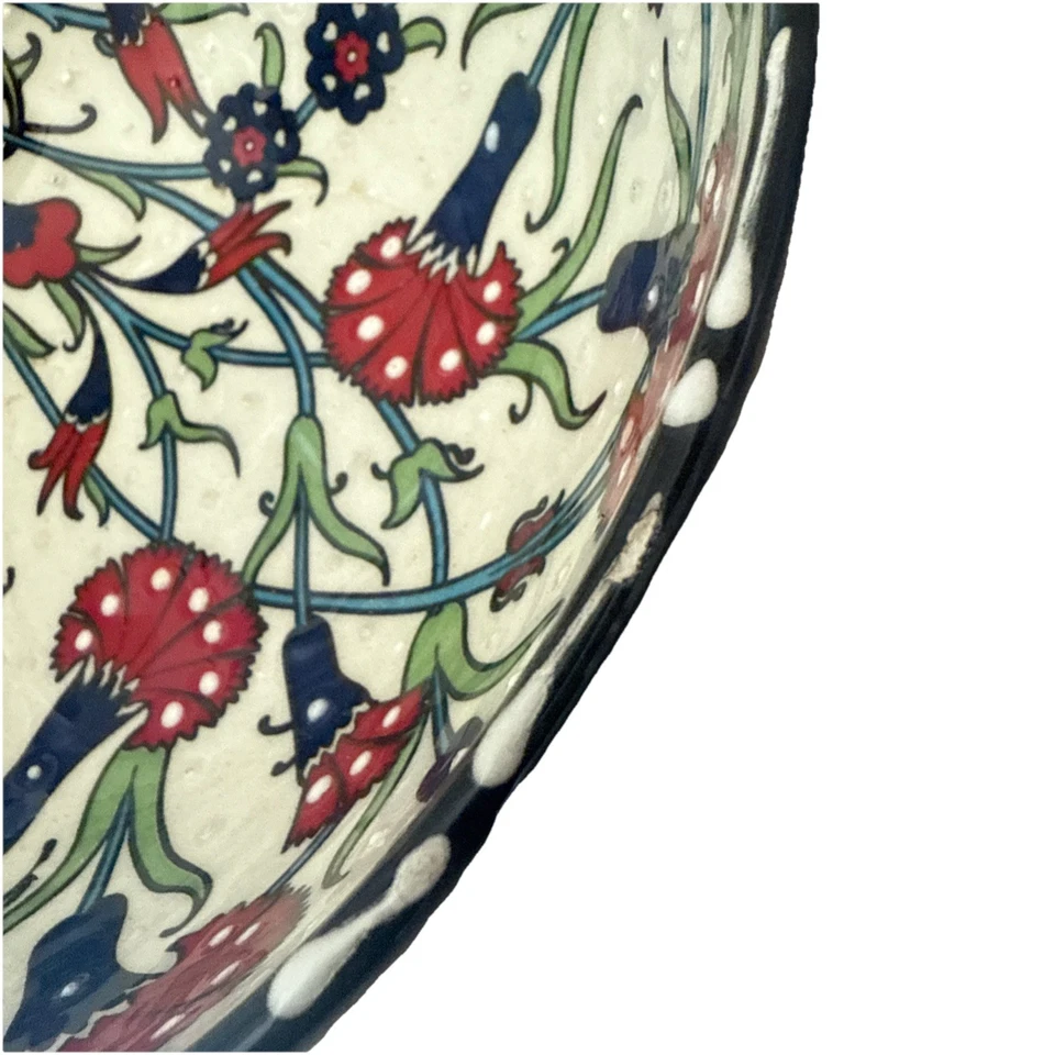 Cuenco de dedo turco pintado a mano flores rojas y azules 4,5" arte decorativo coleccionar Foto 3 de 3