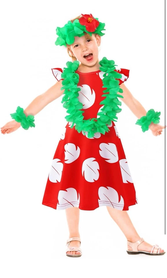 Lilo Hawaiian Little Girls Costume Dress w/Luau Flower Leis Party Sz. 5-6/130 - Image 4 of 4