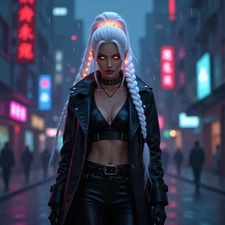 CyberPunk Woman White Hair Japan Photo Digital Image Ai Wallpaper Picture Art