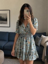 Abstract Print Smocked Waist Ruffle Hem Mini Dress