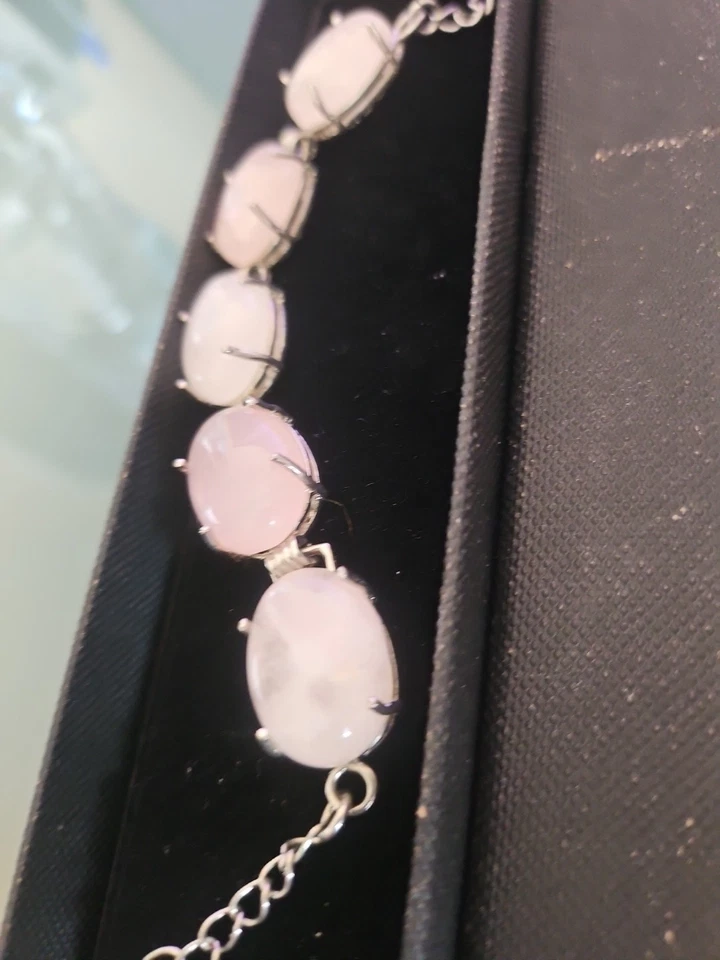 Genuíno Cabochão de Quartzo Rosa Pulseira de Tênis Silvertone 7-8" Novo sem etiquetas - Imagem 3 de 4
