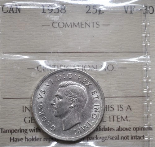 1938 Canada 25 cents ICCS graded VF-30