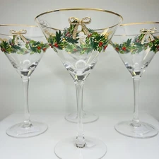 Christmas Martini Glasses Gold Bow Rhinestone Holly Jeweled Cocktail Set 4 NEW