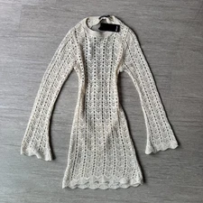 Nasty Gal Crochet Knit Mini Dress NWT US 12 Open Back Cream Long Sleeve Flared