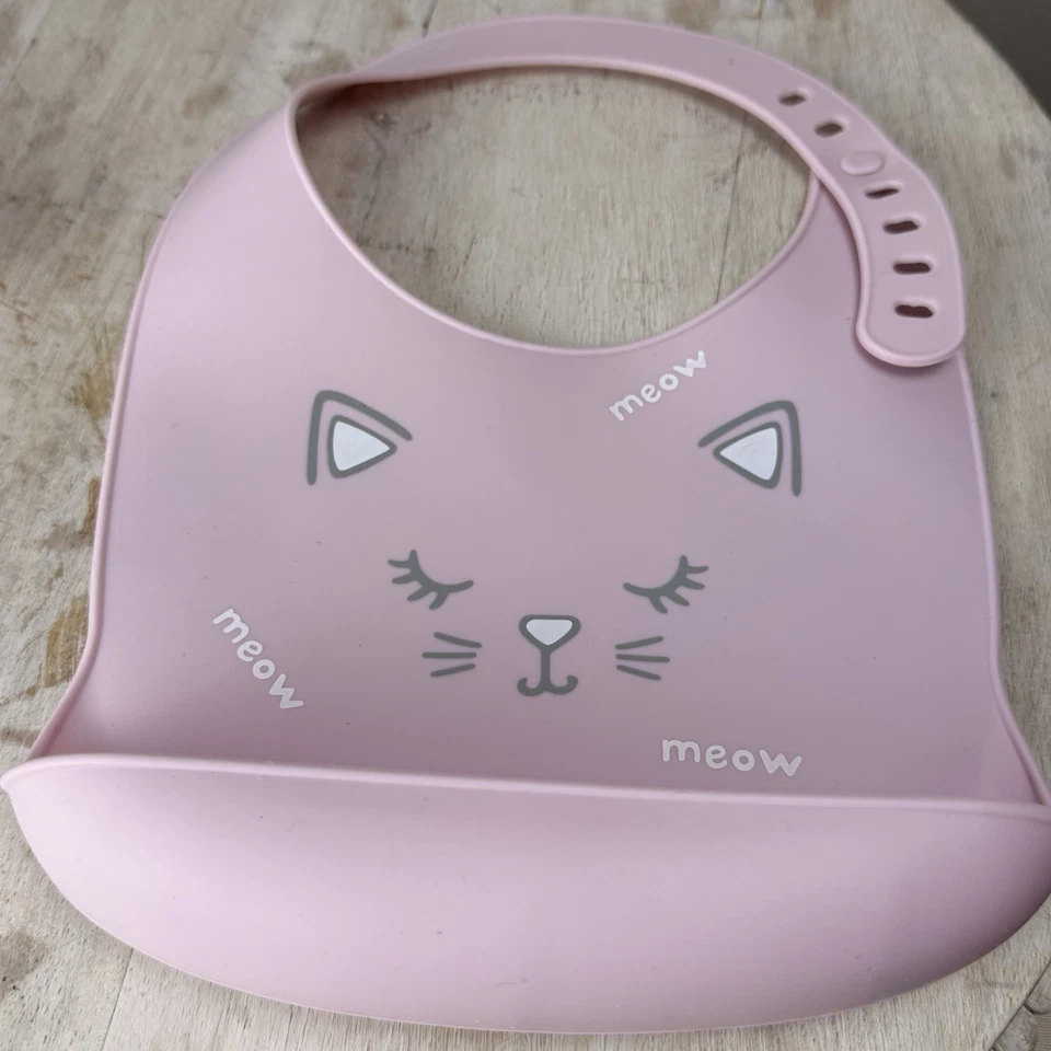 Pottery Barn Kids Baby Girl Set 3 Bib Plate Mat And Teething - Pink Cat - Image 4 of 4