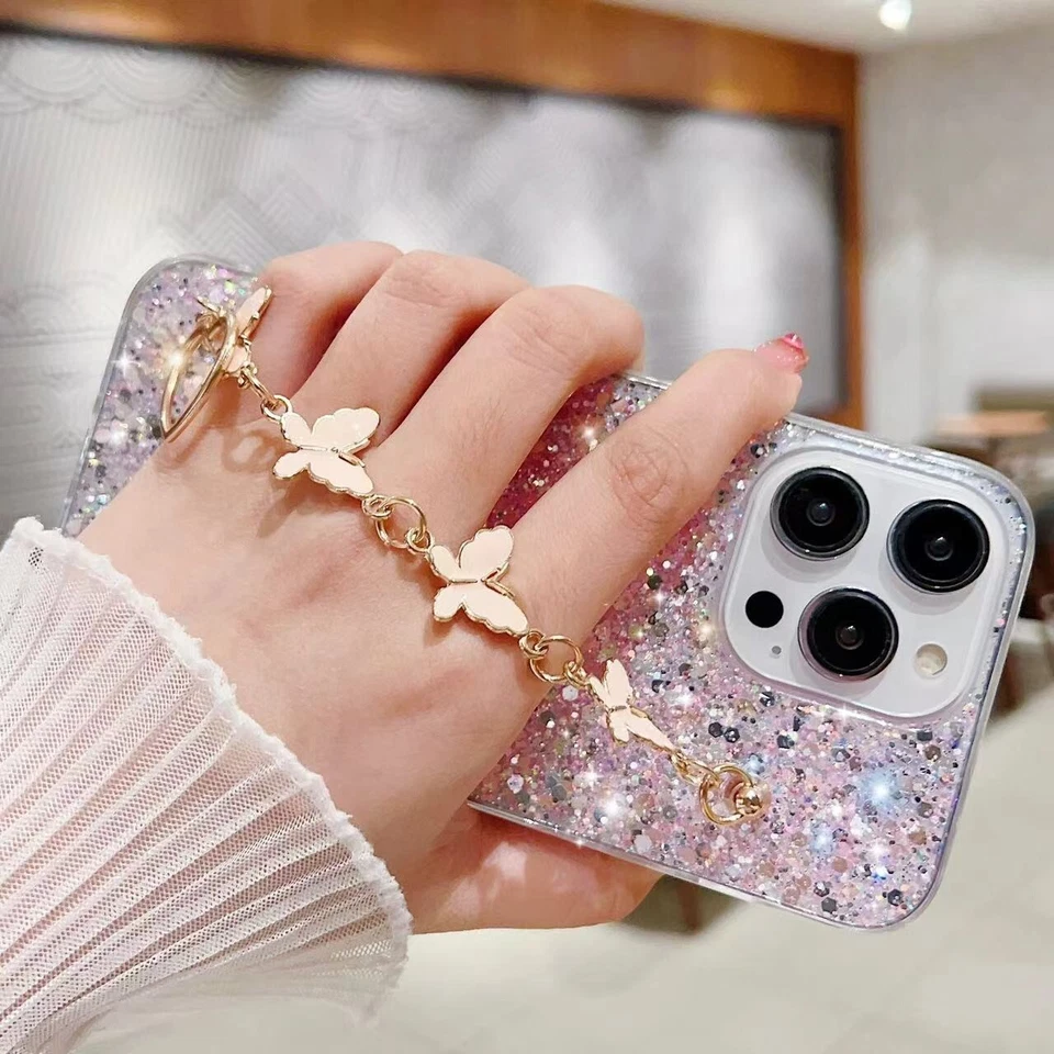 For iPhone Samsung  +Butterfly Bracelet Case Bling Glitter Phone Cover Hot Girls - Image 2 of 4