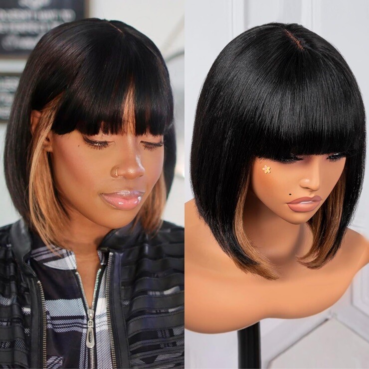 Human Hair short Bob Wig With Bangs - 10 Inch Black Mix  display picture 2