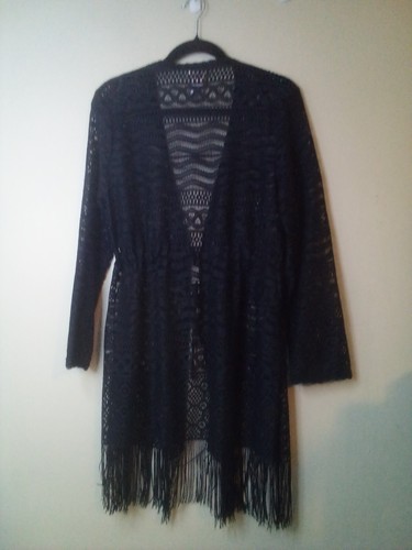 Dotti Cardigan Sweater Women S Long Sleeve Fringe Lace Open Tie Front Black - Picture 11 of 16