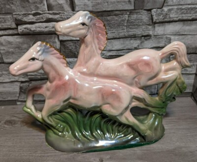 Vintage 10.5'' Pink Running Horses Mare Colt Figurine Pony Statue Girls Decor