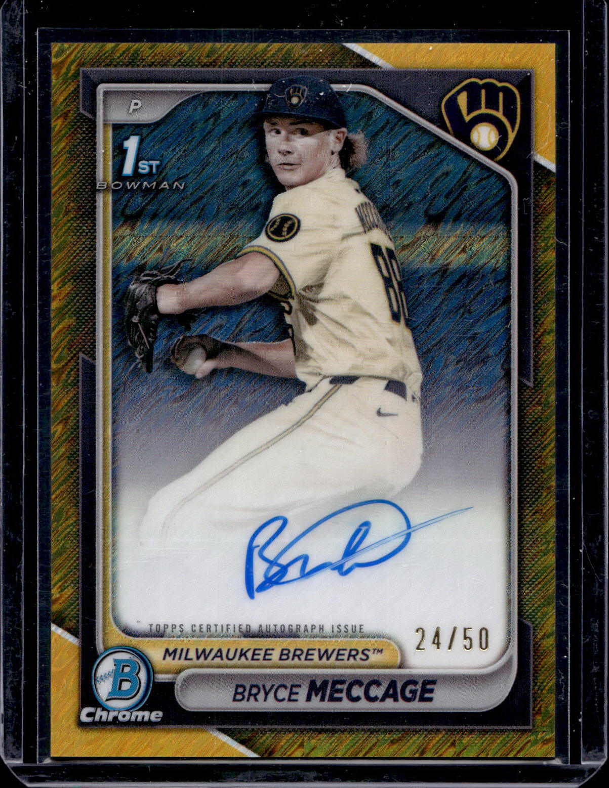 2024 Bowman Draft Bryce Meccage Chrome 1st Gold Shimmer Auto /50 Brewers CPA-BME