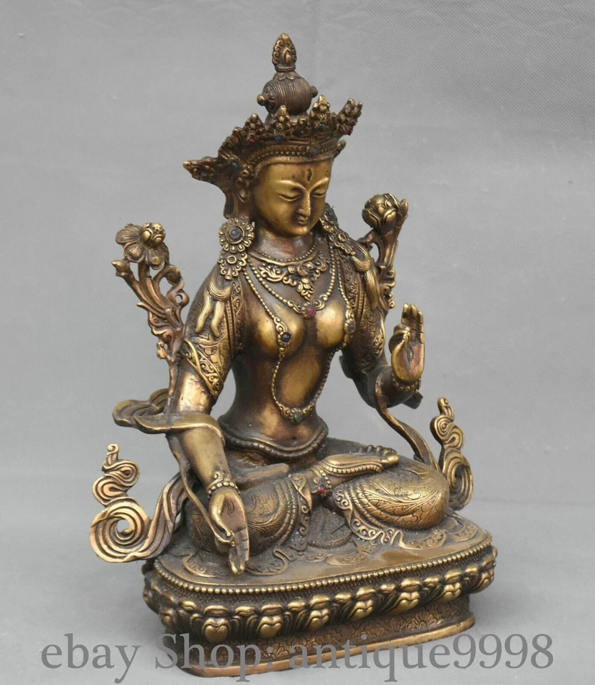 Estatua Ilustración Budismo Tara Mahayana Blanco Dorado Bronce Tíbet Antiguo 12,5"" Foto 4 de 4