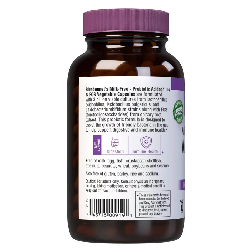 Bluebonnet Milk-Free Probiotic Acidophilus & Fos 250 Veg Capsules - Image 3 of 4