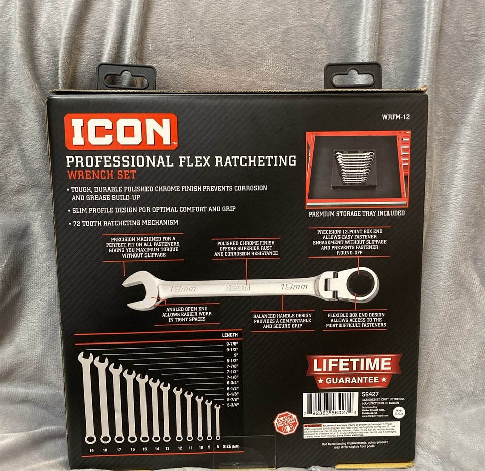 NEW!! ICON WRFM12 Professional Flex Ratcheting Wrench Set 12 Piece