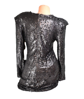 leith sequin dress Leith Dress Womens Small Black Gold Sequin V-Neck Cocktail Polyester Lined Mini