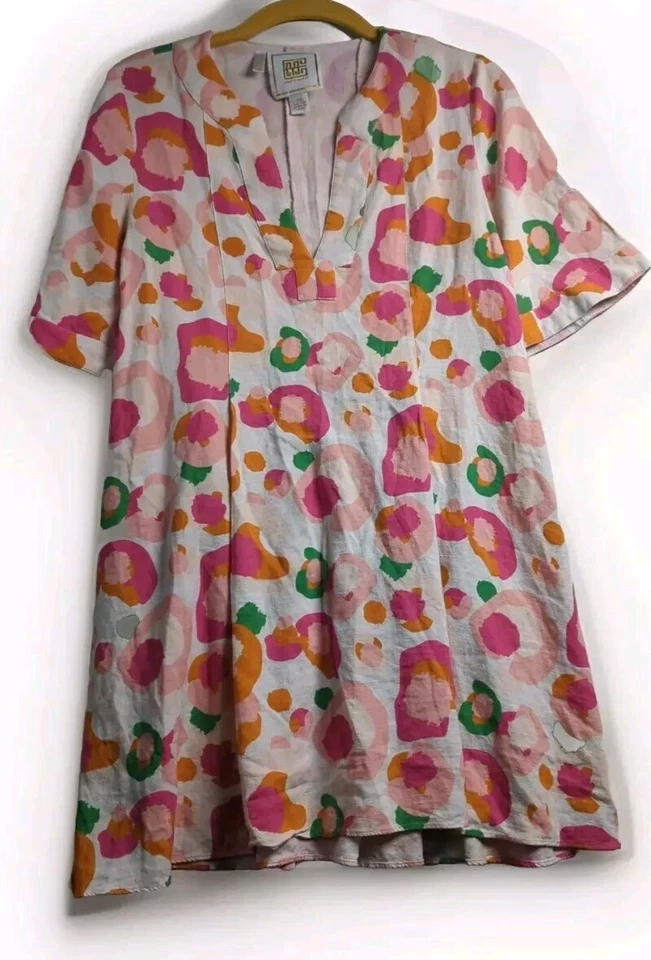 Emily McCarthy Linen Blend Tunic Multi Spot Cheetah Dress Xs Poppy Poolside