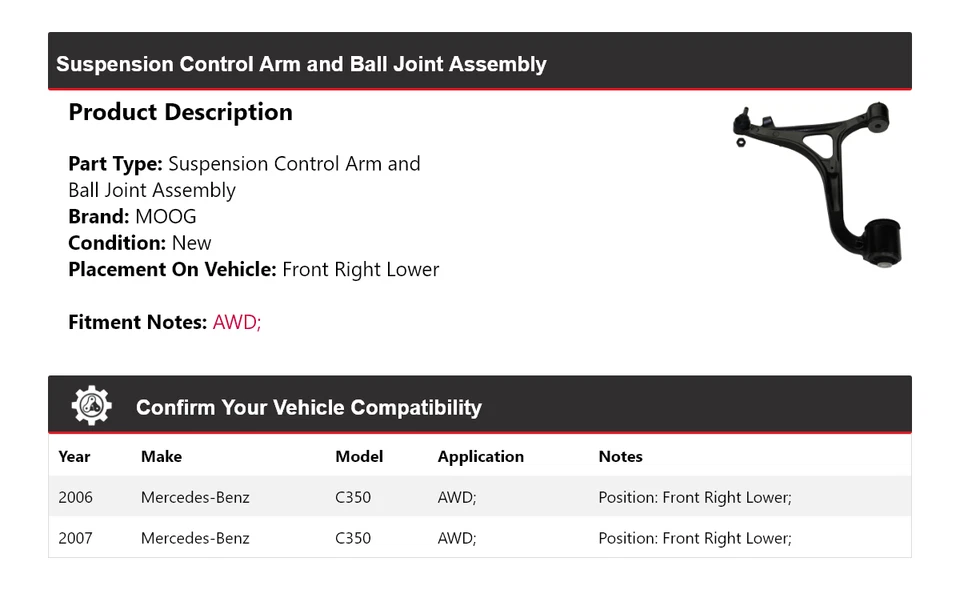 Brazo de control delantero derecho inferior MOOG para Mercedes-Benz C350 2006-2007 AWD Foto 2 de 4