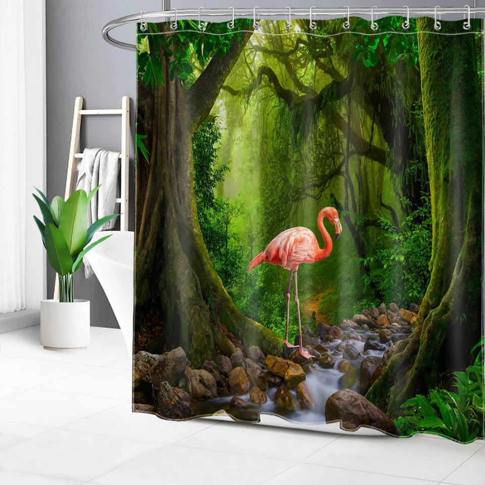 Green Tropical Rainforest Pink Flamingo Shower Curtain Set for Bathroom Decor - Image 4 of 4
