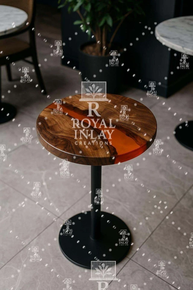 Modern Wood & Orange Epoxy Resin Table | Round River Side Table |HandmadeTable - Image 2 of 4