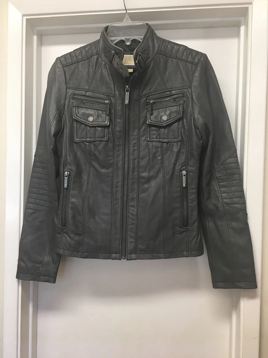 Michael Kors Gray Leather Moto Biker Jacket Zip Pockets Quilted Trim Small EUC