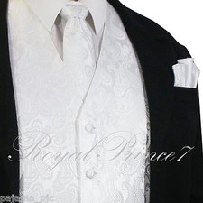 WHITE XS to 6XL Paisley Tuxedo Suit Dress Vest Waistcoat  Neck tie  And Hankie