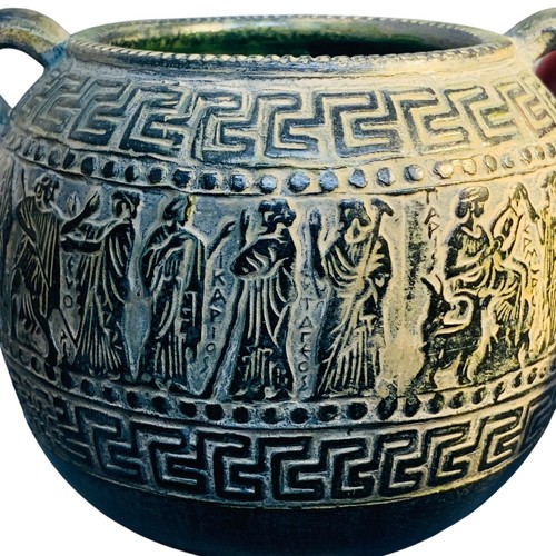 Greek Terracotta Pithari Pottery Jar w/ Handles Green Greek Key & Gods Relief - Picture 14 of 15