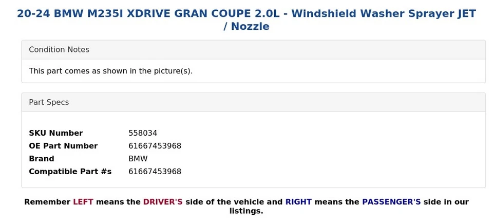 20-24 BMW M235I XDRIVE GRAN COUPE 2.0L - Pulverizador lavadora de para-brisa jato / bico - Imagem 4 de 4