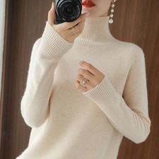 Women Autumn Winter Turtleneck Sweater Slim Solid Knitted Cashmere Pullover UK