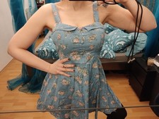 Apricot Sommerkleid Rockabilly M Hellblau Rosen Gut Erhalten