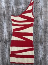 Y2K Bebe Bodycon OneShoulder Bandage Dress Mini Stretch Party Dress XS Red Gold