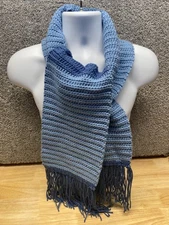 Handmade Crochet Scarf With Fringe Unisex 8X63" Blue ColorBlock Dad Gift