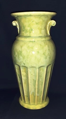 1940s Brush McCoy Vase, 10" Lime Green Glaze, Scroll Handles & Ribbed Body