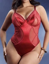 Vtg Style Glossy RED 2nd Skin Satin & Mesh Open Back Bodysuit Teddy PLUS 3X NEW