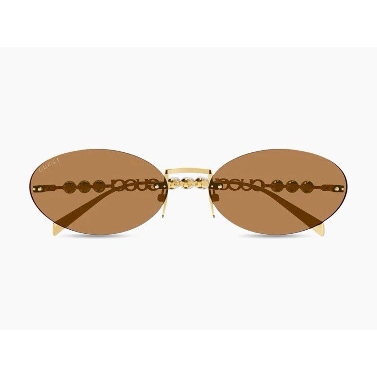 GUCCI GG1922S 003 Gold Pearls Brown Lens Sunglasses Oval Rimless