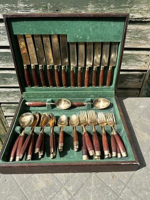 Vintage Mid Century Thai Bronze & Palisander Besteck Set - 44 Teile Kantine