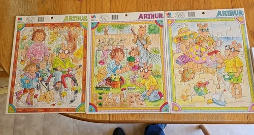 Lot 3 Vintage 1996 PBS Arthur 25 Pc Frame Tray Puzzle Beach Garden Walk Bike MB