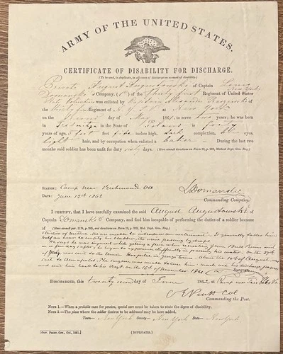 31st New York Discharge signed by Generals Calvin E. Pratt and Seth Williams